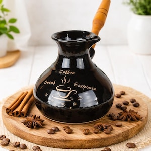 Ceramic Turkish Coffee Pot 500 ml with Wooden Handle – Handmade Cezve – Traditional Coffee Maker – Gift for Coffee Lovers – Black Coffee Pot