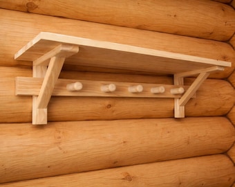 Natural Wood Sauna Shelf with 5 Hooks – Rustic Wall Storage 75cm