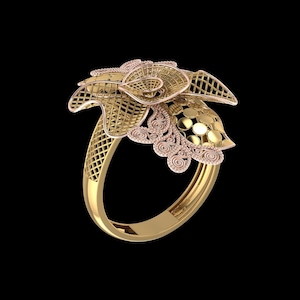 RAAA08 Verzierter filigrane Blumen Cocktail Ring CAD - 3DM STL FBX - Gold Perlenarbeit 3D Druck Datei - Traditioneller Telkari Schmuck Modell