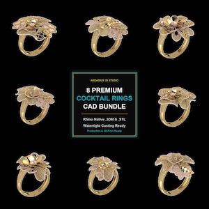 8 Premium Filigree Cocktail Rings CAD Bundle - 3DM STL FBX - Gold Beadwork Ring 3D Print Files - Traditional Jewelry Models Pack