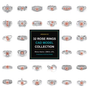 May include: A collection of 32 silver-toned rings featuring rose motifs with pink accents, displayed in a grid. A central black square contains the text: ARDASIUS 3D, 32 ROSE RINGS CAD MODEL COLLECTION, Rhino Native .3DM & .STL, Production & 3D Print Ready.