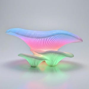 May include: Three mushroom-shaped decorative lights with a gradient of colors. The largest mushroom has a blue and pink gradient, while the smaller ones have a green gradient. The lights are white when unlit.