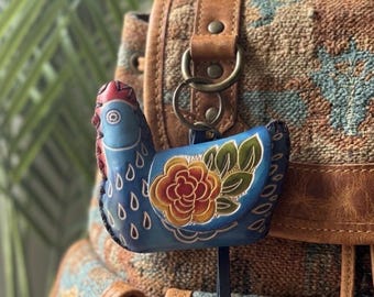 Creative Fun Blue Chicken Wristlet- Hand Sewn Leather Coin Purse