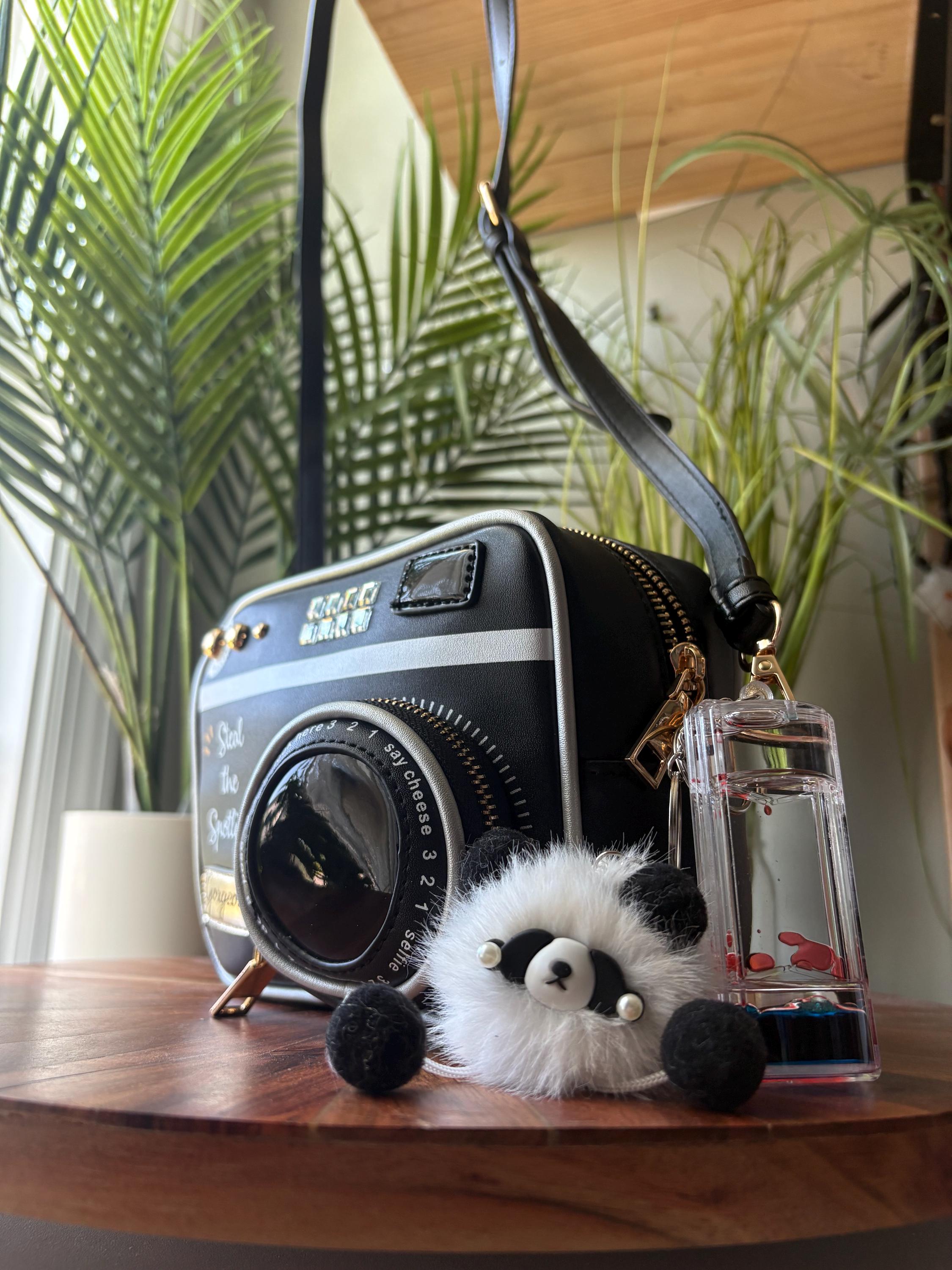 Funky Black Pleather Camera Themed Bag with Attention Grabbing Keychains