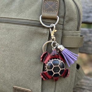 Adorable Red Tortoise Handmade Leather Keychain with Purple Tassel
