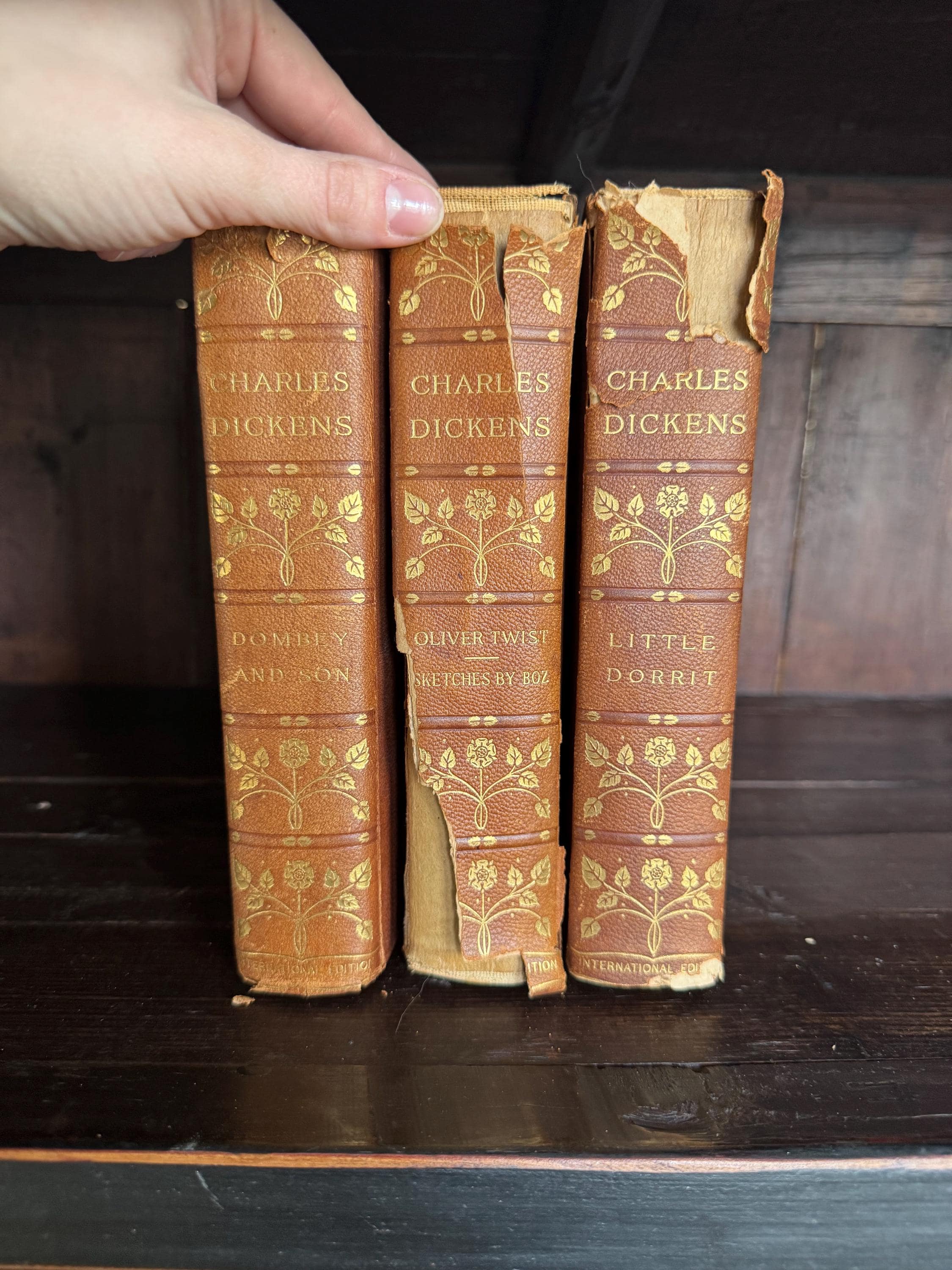 Antique Charles Dickens Book Set, 1908 University Society Edition, Worn Leather Bindings