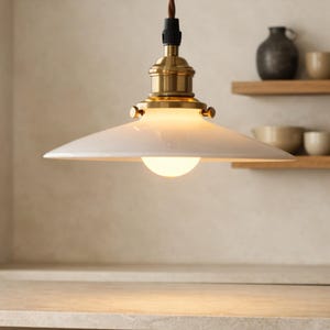 Glass Pendant Light – Modern Minimalist Hanging Lamp, White Opal Shade, Brass Fixture, Kitchen Island Lighting, Vintage Style Ceiling Light