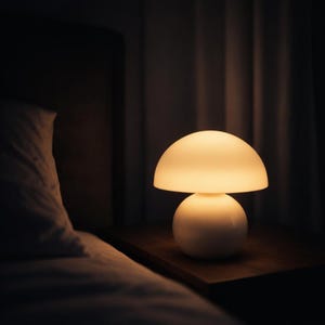 May include: A mushroom-shaped table lamp with a smooth, white, spherical base and a wide, rounded, translucent shade that emits a soft, warm, glowing light, creating a gentle illumination in a dark, quiet, and dimly lit indoor environment.