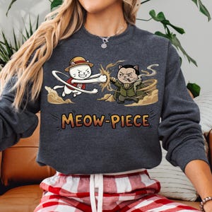 Meow-Piece pirate cats Crewneck Sweatshirt | Cat parody cartoon | one piece | luffy vs cocodrile | cat one piece | cat anime | cat otaku