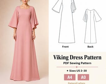 Patrón de costura para vestido vikingo, vestido medieval con cuello cuadrado y mangas acampanadas, vestido de fantasía, descarga digital en PDF para mujer, tallas US 2-30 XS-4XL