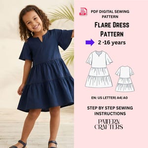 May include: A young girl wearing a navy blue flare dress with short sleeves and a tiered skirt. The dress has a V-neckline. The image also includes a PDF digital sewing pattern for a flare dress, with instructions for ages 2-16 years.