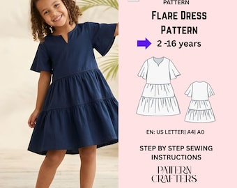 Flare Dress Pattern for girls, Tiered Ruffle Flutter Sleeve Girls Sewing Pattern PDF, Boho Summer Dress 2-16 Years | Instant Download