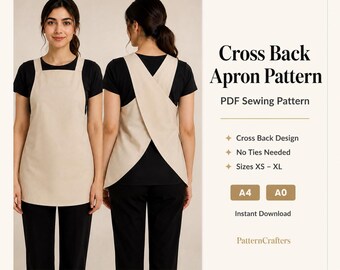 Cross Back Apron Sewing Pattern, Japanese No Tie Pinafore, Reversible & Single Side Women's Apron, PDF Instant Download, Sizes XS-XL