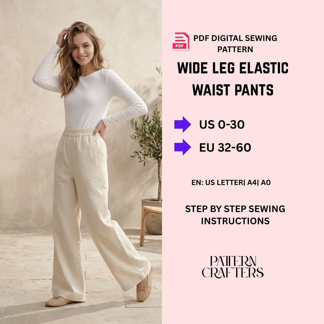 Wide Leg Pants Sewing Pattern PDF | Elastic Waist Lounge & Pajama Pants ...