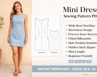 Patrón de costura para minivestido con escote barco, vestido de fiesta ajustado sin mangas con pinzas, descarga digital en PDF para mujer, tallas XS–4XL