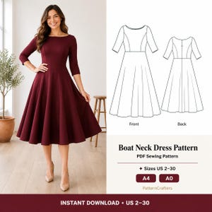 Boat Neck Midi Dress Sewing Pattern, Evening Cocktail Prom Dress, Easy Circle Dress Women Pattern, PDF Download, Sizes US 2-30