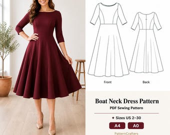 Patrón de costura para vestido midi con escote barco, vestido de cóctel de noche o de graduación, patrón sencillo para vestido circular de mujer, descarga en PDF, tallas de EE. UU. 2-30