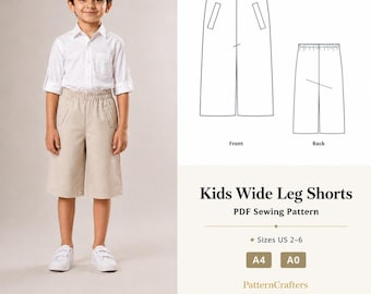 Kids Wide Leg shorts Sewing Pattern PDF, Elastic Waist Shorts Boys Girls Toddler Pattern, Instant Digital Download, Sizes 2Y-6Y