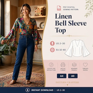 Bell Sleeve Blouse Sewing Pattern PDF | V-Neck Loose Linen Tunic for Women | Flared Sleeve Top Pattern | Beginner Friendly Woven Shirt