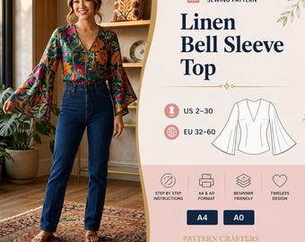 Patrón de costura de blusa con mangas acampanadas en PDF / Túnica de lino holgada con cuello en V para mujer / Patrón de blusa con mangas acampanadas / Camisa tejida fácil de usar