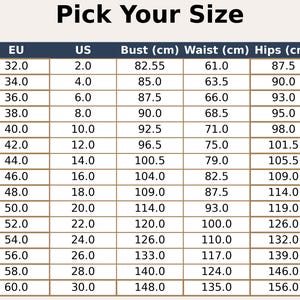 Może przedstawiać: Tabela rozmiar&oacute;w zatytułowana Pick Your Size z kolumnami dla rozmiar&oacute;w UE i USA, po kt&oacute;rych następują wymiary biustu, talii i bioder w centymetrach. Tabela zawiera wartości liczbowe od 32,0 do 60,0 dla UE i od 2,0 do 30,0 dla USA wraz z odpowiadającymi im wymiarami ciała.