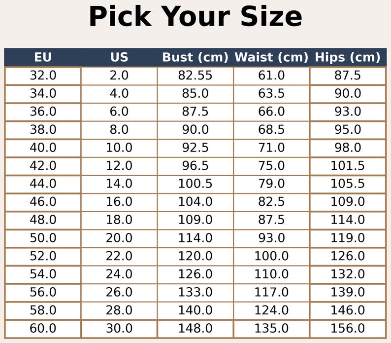 Może przedstawiać: Tabela rozmiar&oacute;w zatytułowana Pick Your Size z kolumnami dla rozmiar&oacute;w UE i USA, po kt&oacute;rych następują wymiary biustu, talii i bioder w centymetrach. Tabela zawiera wartości liczbowe od 32,0 do 60,0 dla UE i od 2,0 do 30,0 dla USA wraz z odpowiadającymi im wymiarami ciała.