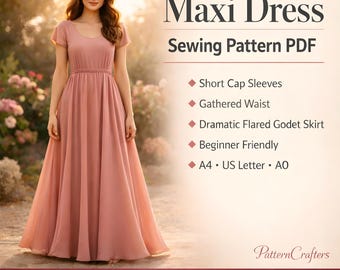 Patrón de costura en PDF para vestido largo / Cintura imperio con corpiño fruncido / Vestido de verano de manga corta / Tallas para mujer XS–5XL / Descarga digital instantánea