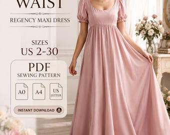 Empire Waist Regency Maxi Dress Sewing Pattern, Bishop Sleeve Fairy Gown, Romantic Women's PDF, Digital Download, Sizes US 2-30