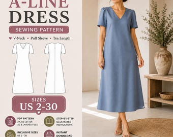 Patrón de costura para vestido de corte A con escote en V, mangas abullonadas y largo hasta la rodilla, patrón fácil de vestido holgado para mujer, descarga digital en PDF, tallas de EE. UU. 2-30