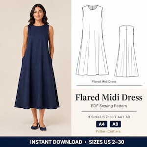 Patrón de costura para vestido midi acampanado: vestido de verano sin mangas con bolsillos (XS-4XL) (Descarga digital)