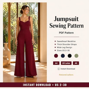 Puede incluir: Un mono burdeos con escote corazón y perneras anchas. El patrón de costura PDF incluye tirantes anchos y tallas US 2-30. El texto dice "Jumpsuit Sewing Pattern" y "Instant Download".
