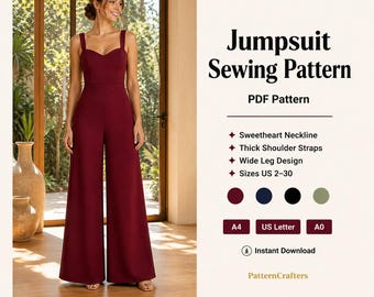 Patrón de costura en PDF para mono de pierna ancha, patrón minimalista de peto palazzo para mujer, descarga instantánea, tallas XS-5XL (EE. UU. 2-30).