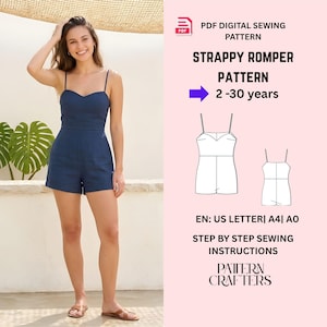 May include: A woman wearing a dark blue strappy romper. The image includes a PDF digital sewing pattern for a strappy romper, with instructions for ages 2-30 years. The pattern includes step-by-step sewing instructions.