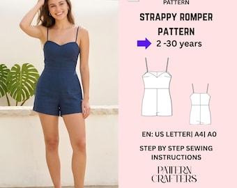 Patrón de costura en PDF para mono corto, mono corto con tirantes y escote corazón, patrón de verano para mujer, descarga digital, tallas XS-5XL (EE. UU. 2-30).