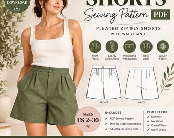 Patrón de shorts fácil en PDF, patrón de costura de shorts plisados ​​con cremallera y cinturilla, patrón para mujer, descarga digital en PDF, tallas de EE. UU. 2-30