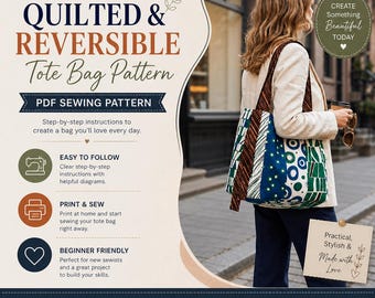 Quilted Tote Bag Sewing Pattern PDF, Reversible Lined Bag Instant Download, Beginner DIY Handbag, Stripe Fabric, Printable PDF