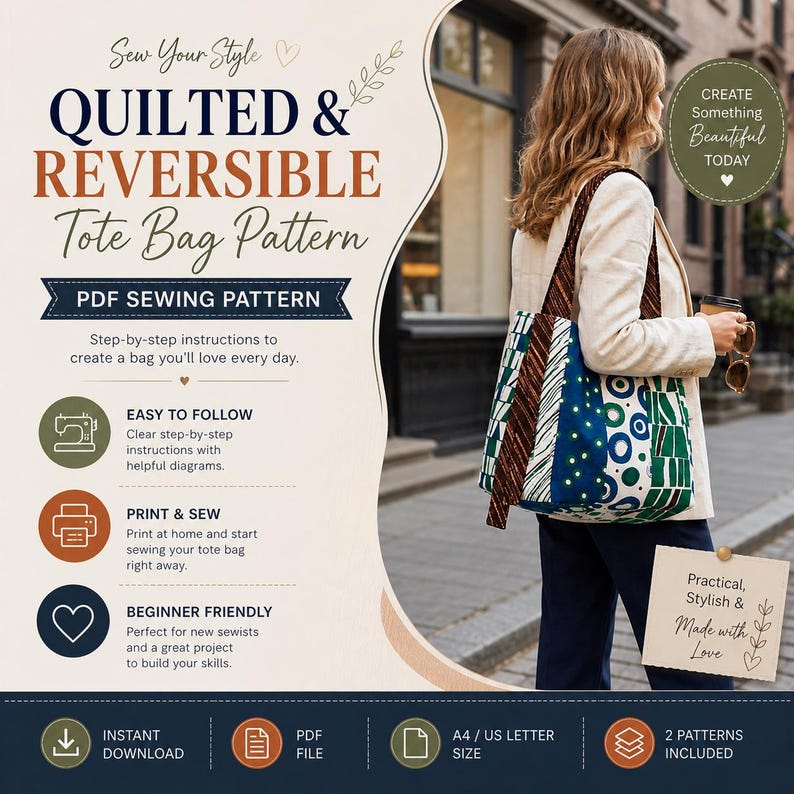 Quilted Tote Bag Sewing Pattern PDF, Reversible Lined Bag Instant ...