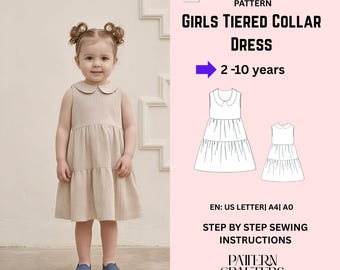Patrón de costura para vestido de niña con capas en PDF / Cuello Peter Pan / Vestido sin mangas / Edades 2-10 / Descarga instantánea