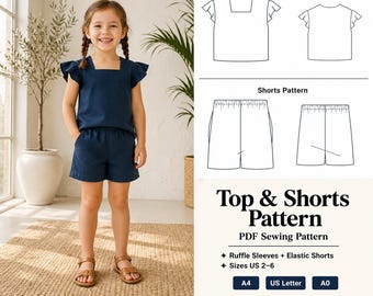 Patrón de costura para conjunto de top y shorts para niñas, cuello cuadrado, manga con volantes, descarga digital en PDF fácil, tallas de 2 a 6 años.