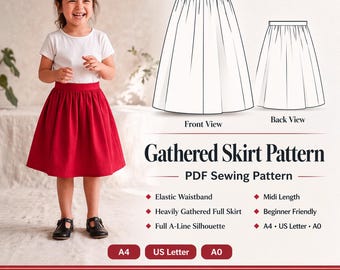 Patrón de costura en PDF para falda fruncida, falda con bolsillos para niñas de 2 a 6 años, falda midi con cintura semielástica, patrón para principiantes.