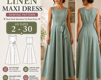 Patrón de costura para vestido largo de lino, vestido sin mangas con escote barco y cinturón, descarga instantánea en PDF, tallas de EE. UU. 2-30