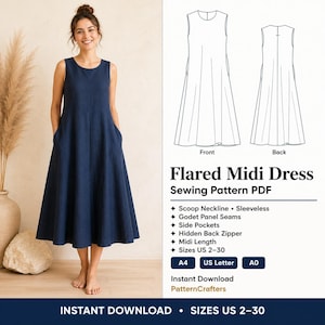 Può includere: Abito midi svasato senza maniche blu navy con scollo tondo e tasche laterali. L'immagine mostra anche uno schema di cucito e il testo "Flared Midi Dress Sewing Pattern PDF" e "Taglie US 2-30".