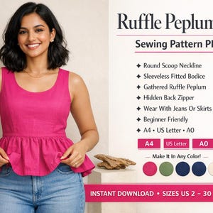 Ruffle Peplum Top Sewing Pattern | Sleeveless Gathered Blouse Pattern | Women PDF Sewing Pattern | Sizes XS to 5XL | US 2–30
