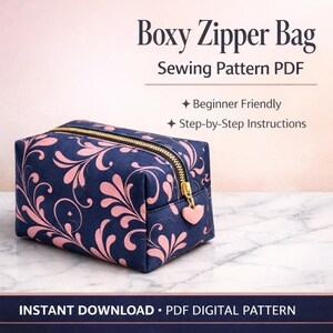 Boxy Zipper Bag Sewing Pattern PDF — Beginner Friendly Zipper Pouch | Cosmetic Bag | Makeup Bag | Instant Download