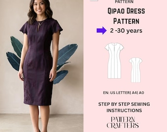Chinese Qipao Dress Sewing Pattern PDF, Cheongsam Style, Princess Seam Dress, Split Neckline, Flared Sleeve Tunic XS–4XL