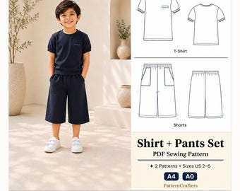 Patrón de costura para camiseta y pantalón infantil, camiseta con bolsillo ribeteado, pantalón corto de pierna ancha, patrón fácil para niños pequeños, descarga digital en PDF, tallas de EE. UU. de 2 a 6 años.