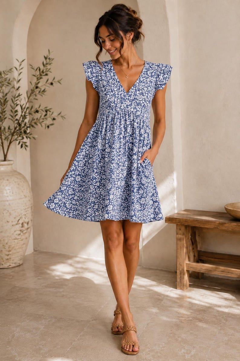 Female model wearing a light blue floral babydoll dress with V-neck and puff sleeves, standing in a Mediterranean-style room with natural sunlight, summer dress sewing pattern inspiration.
