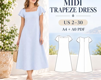 Midi Trapeze Dress Sewing Pattern, Square Neck Flutter Sleeve Dress, Easy Women's PDF Pattern, Digital Download, Plus Size US 2-30
