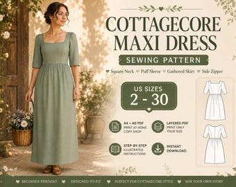 Patrón de costura para vestido largo estilo cottagecore, cuello cuadrado, manga abullonada, patrón fácil de vestido renacentista para mujer, descarga digital en PDF, tallas de EE. UU. 2-30