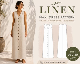 Patrón de costura para vestido largo de lino, vestido de verano sin mangas con cuello en V y botones, patrón digital en PDF para mujer, tallas de EE. UU. 2-30.